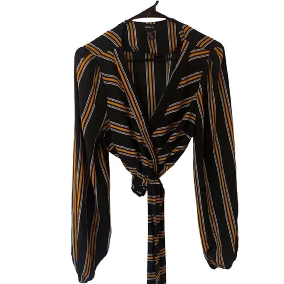 Forever 21 wrap blouse striped yellow and black size OX - Picture 1 of 3
